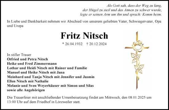 Traueranzeige von Fritz Nitsch von Allgemeine Zeitung Mainz