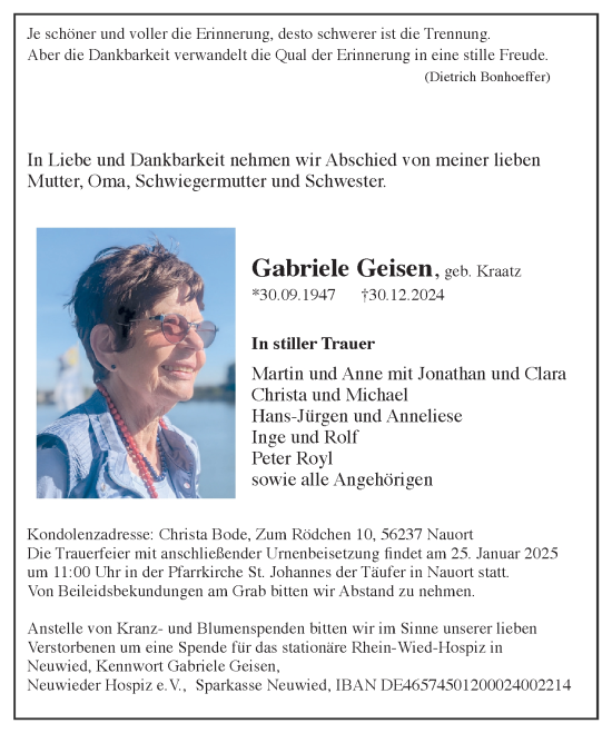 Traueranzeige von Gabriele Geisen von Allgemeine Zeitung Mainz Traueranzeige von Gabriele Geisen von Allgemeine Zeitung Mainz