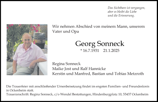 Traueranzeige von Georg Sonneck von Allgemeine Zeitung Rheinhessen-Nahe