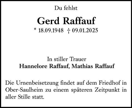 Traueranzeige von Gerd Raffauf von Allgemeine Zeitung Mainz