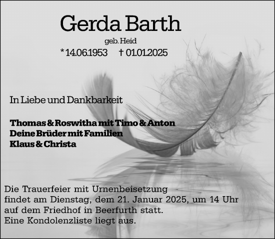 Traueranzeige von Gerda Barth von Dieburger Anzeiger/Groß-Zimmerner Lokal-Anzeiger