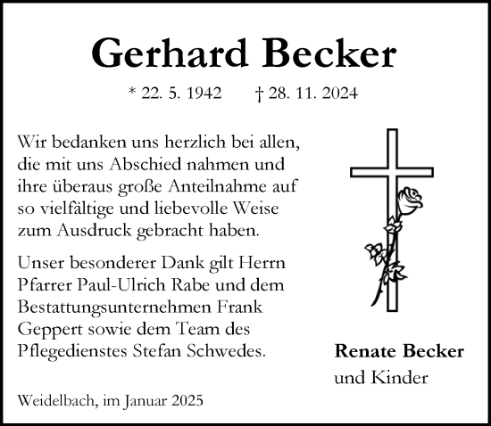 Traueranzeige von Gerhard Becker von Dill Block