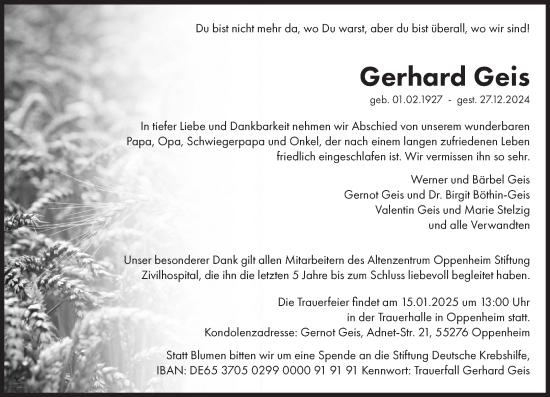 Traueranzeige von Gerhard Geis von Allgemeine Zeitung Mainz