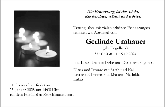 Traueranzeige von Gerlinde Umhauer von Starkenburger Echo