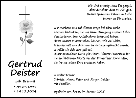Traueranzeige von Gertrud Deister von Allgemeine Zeitung Rheinhessen-Nahe