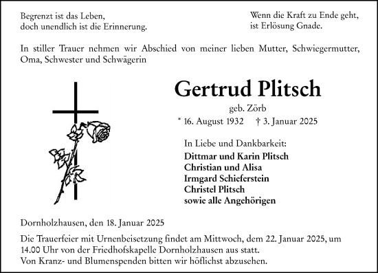 Traueranzeige von Gertrud Plitsch von Wetzlarer Neue Zeitung
