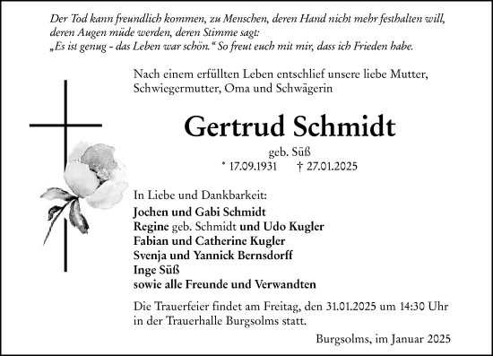 Traueranzeige von Gertrud Schmidt von Wetzlarer Neue Zeitung