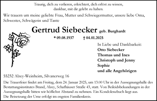 Traueranzeige von Gertrud Siebecker von Allgemeine Zeitung Alzey