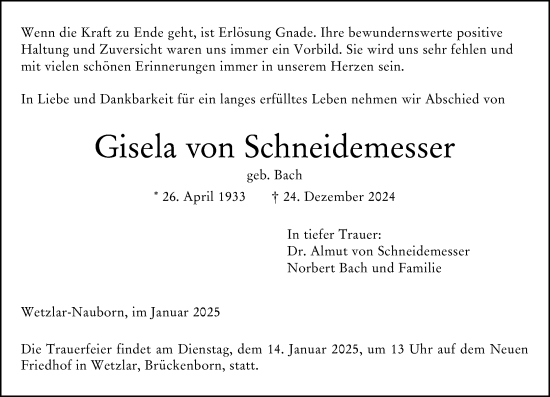 Traueranzeige von Gisela  von Schneidemesser von Wetzlarer Neue Zeitung