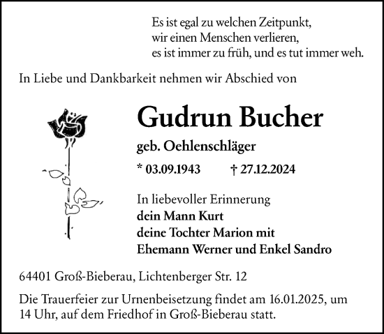 Traueranzeige von Gudrun Bucher von Darmstädter Echo