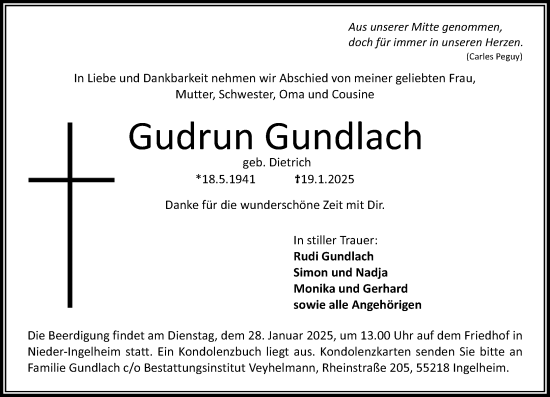 Traueranzeige von Gudrun Gundlach von Allgemeine Zeitung Rheinhessen-Nahe