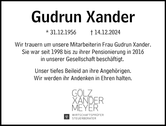 Traueranzeige von Gudrun Xander von Wiesbadener Kurier