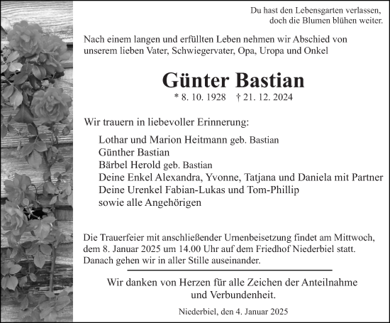 Traueranzeige von Günter Bastian von Wetzlarer Neue Zeitung