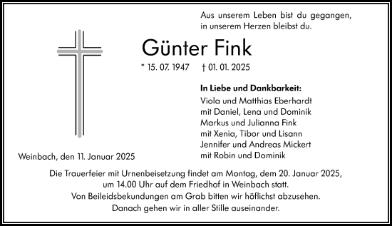 Traueranzeige von Günter Fink von Weilburger Tageblatt