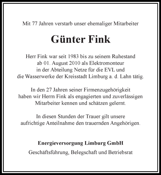 Traueranzeige von Günter Fink von Nassauische Neue Presse