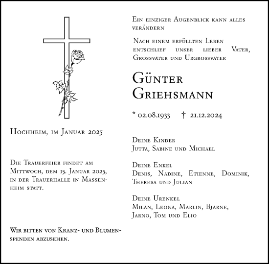 Traueranzeige von Günter Griehsmann von Hochheimer Zeitung