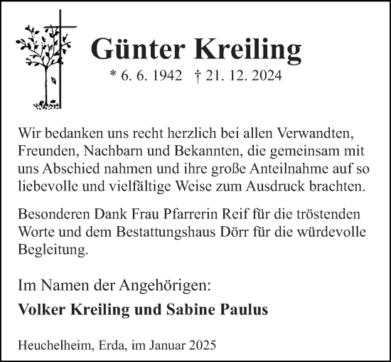 Traueranzeige von Günter Kreiling von Wetzlarer Neue Zeitung