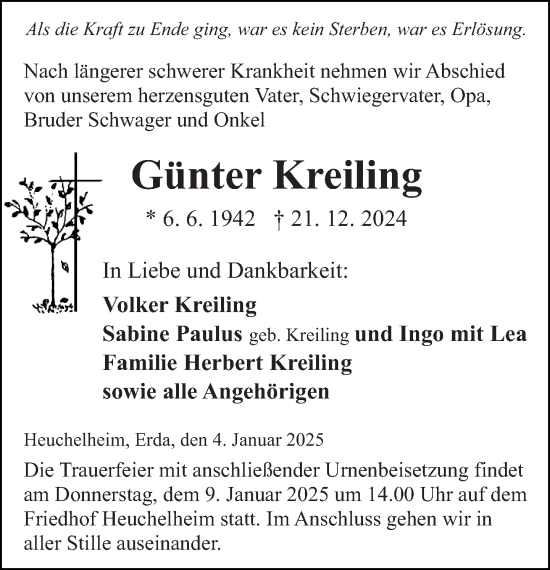 Traueranzeige von Günter Kreiling von Wetzlarer Neue Zeitung