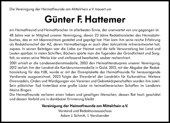 Traueranzeige von Günter F. Hattemer von Allgemeine Zeitung Rheinhessen-Nahe