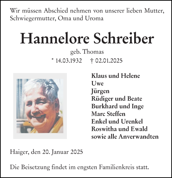 Traueranzeige von Hannelore Schreiber von Dill Block