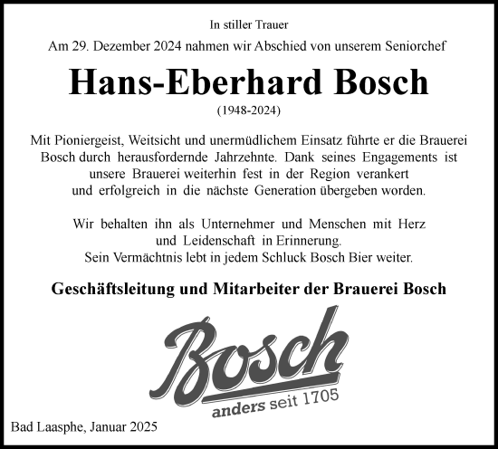 Traueranzeige von Hans-Eberhard Bosch von Hinterländer Anzeiger