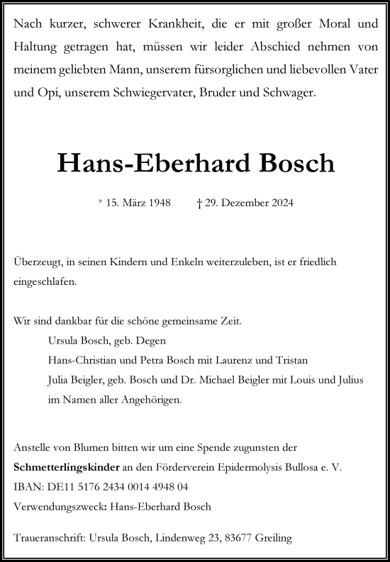 Traueranzeige von Hans-Eberhard Bosch von Hinterländer Anzeiger