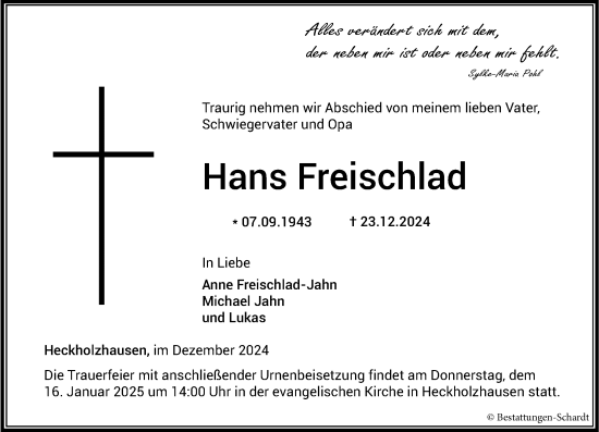 Traueranzeige von Hans Freischlad von Weilburger Tageblatt