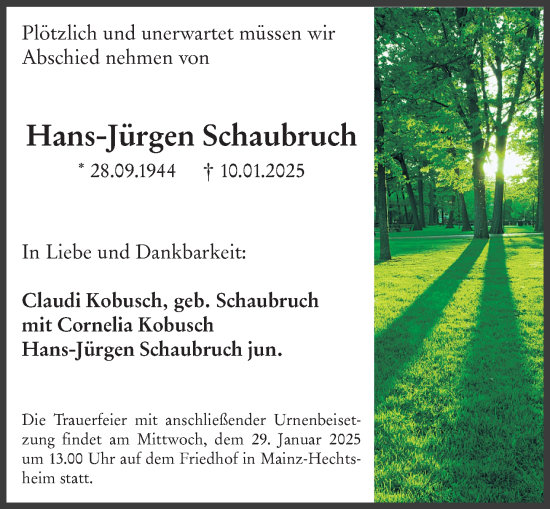 Traueranzeige von Hans-Jürgen Schaubruch von Allgemeine Zeitung Mainz
