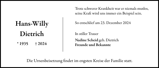 Traueranzeige von Hans-Willy Dietrich von Rheingau Kurier
