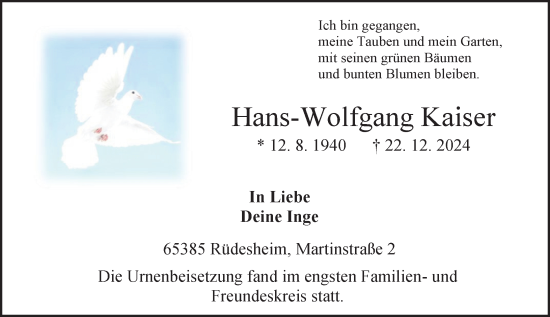 Traueranzeige von Hans-Wolfgang Kaiser von Rheingau Kurier