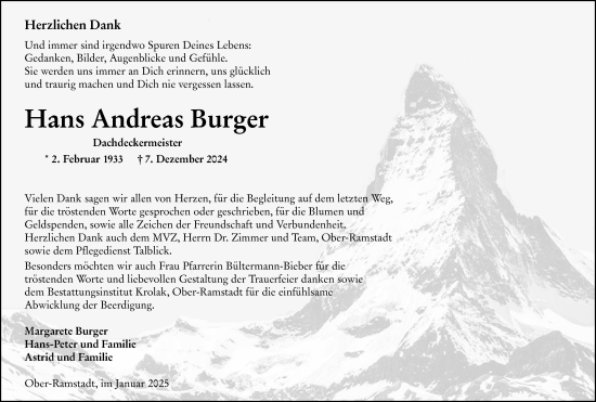 Traueranzeige von Hans Andreas Burger von Darmstädter Echo
