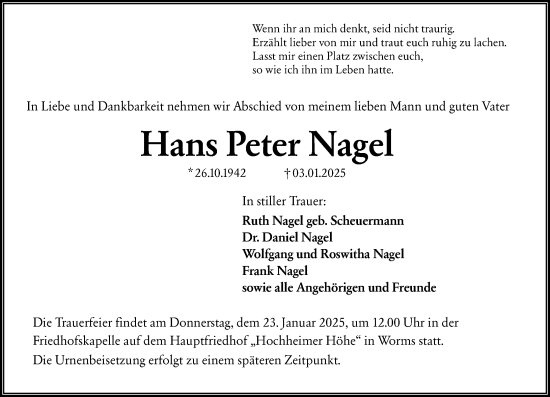 Traueranzeige von Hans Peter Nagel von Wormser Zeitung