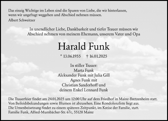 Traueranzeige von Harald Funk von Allgemeine Zeitung Mainz