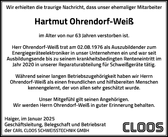 Traueranzeige von Hartmut Ohrendorf-Weiß von Dill Block