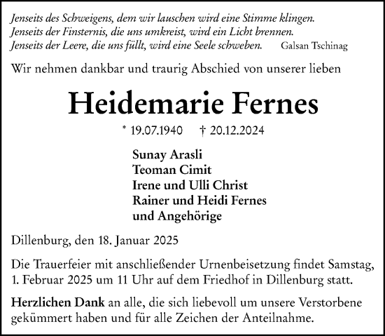 Traueranzeige von Heidemarie Fernes von Dill Block