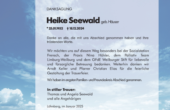 Traueranzeige von Heike Seewald von Weilburger Tageblatt