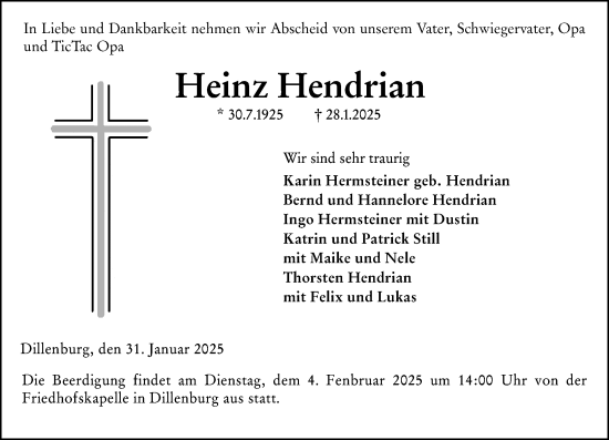 Traueranzeige von Heinz Hendrian von Dill Block