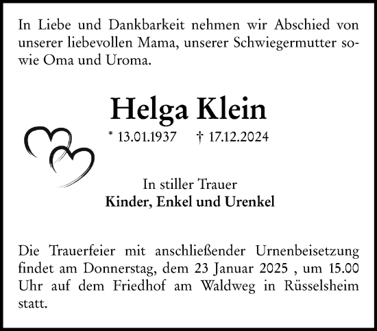 Traueranzeige von Helga Klein von Rüsselsheimer Echo