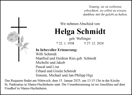 Traueranzeige von Helga Schmidt von Allgemeine Zeitung Mainz