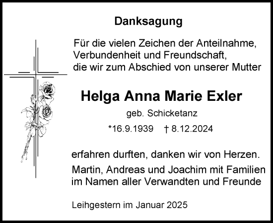 Traueranzeige von Helga Anna Marie Exler von Wetzlarer Neue Zeitung