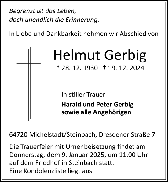 Traueranzeige von Helmut Gerbig von Odenwälder Echo