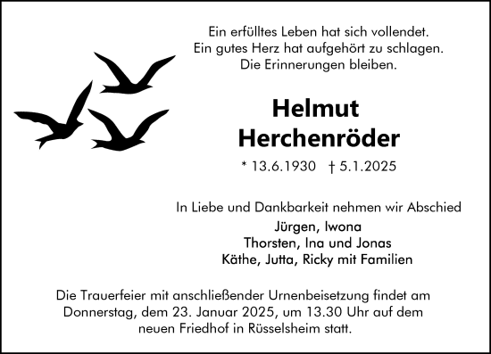 Traueranzeige von Helmut Herchenröder von Rüsselsheimer Echo
