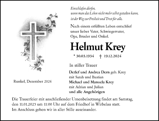 Traueranzeige von Helmut Krey von Weilburger Tageblatt