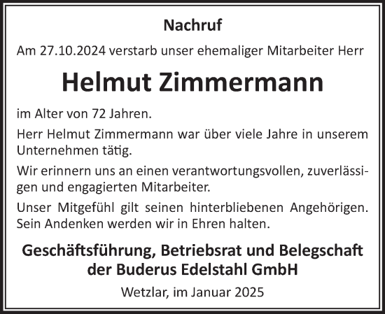 Traueranzeige von Helmut Zimmermann von Wetzlarer Neue Zeitung