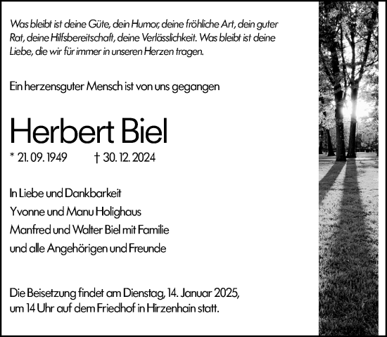 Traueranzeige von Herbert Biel von Hinterländer Anzeiger