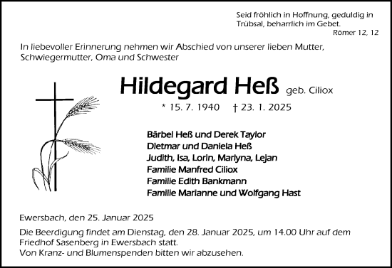 Traueranzeige von Hildegard Heß von Dill Block