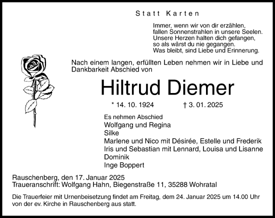 Traueranzeige von Hiltrud Diemer von Wetzlarer Neue Zeitung