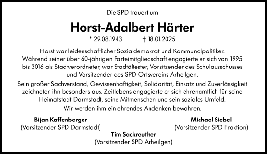 Traueranzeige von Horst-Adalbert Härter von Darmstädter Echo