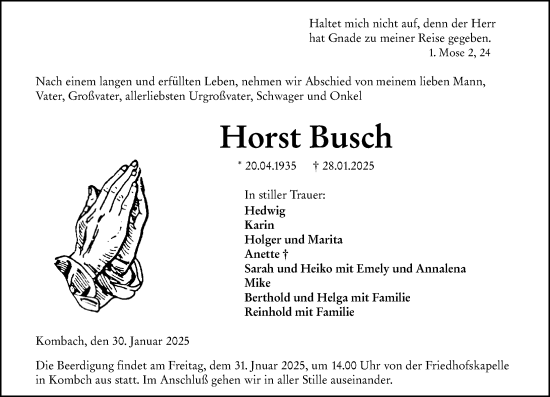 Traueranzeige von Horst Busch von Hinterländer Anzeiger