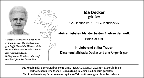 Traueranzeige von Ida Decker von Allgemeine Zeitung Mainz